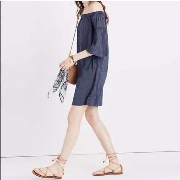 madewell off the shoulder dress Madewell Plaid Off-the-Shoulder Shift Dress Womens size 6 Blue NWT $128